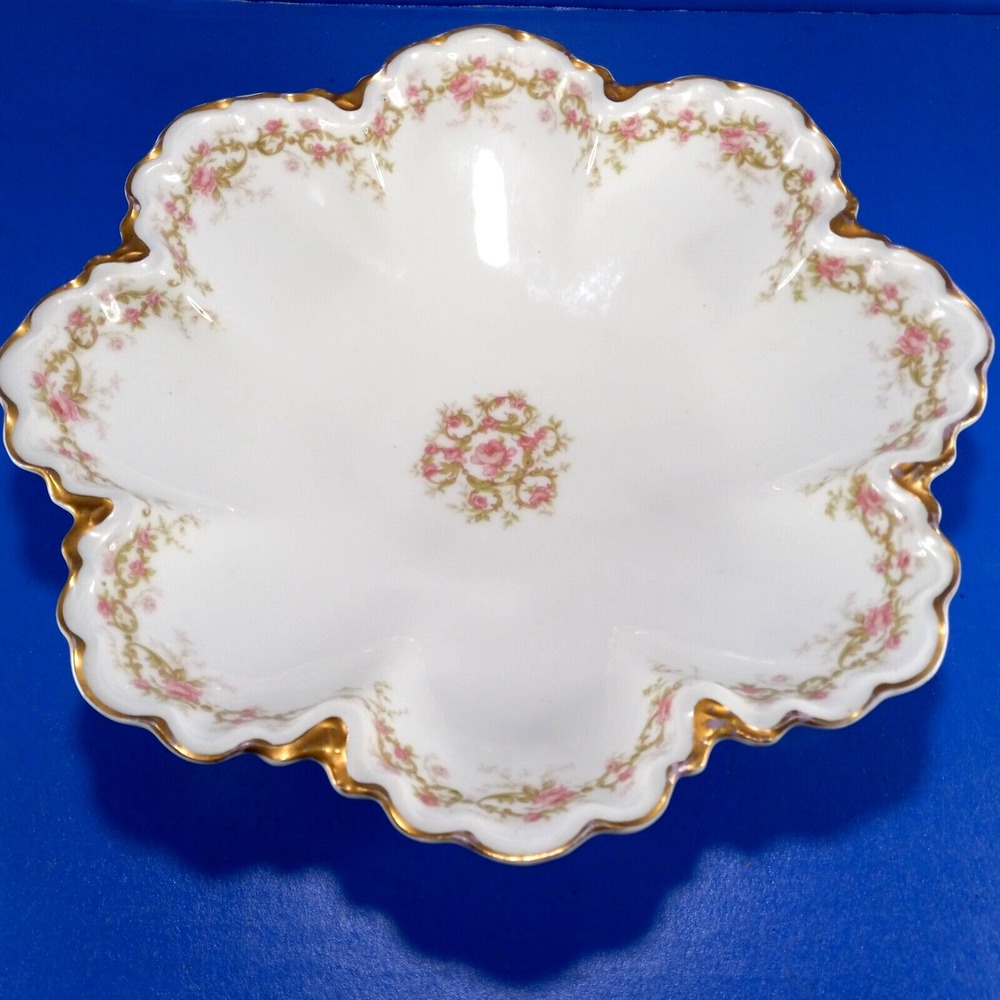 Haviland Limoges Serving Bowl Ruffled Scalloped Pink Flowers Gold Trim Antique